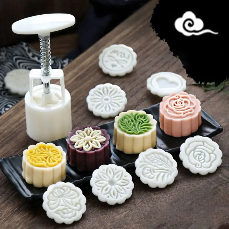100g Mooncake Mold 10pcs Stamps Barrel Hand Press Moon Cake Pastry Mould DIY Bakware Mid-autumn Festival