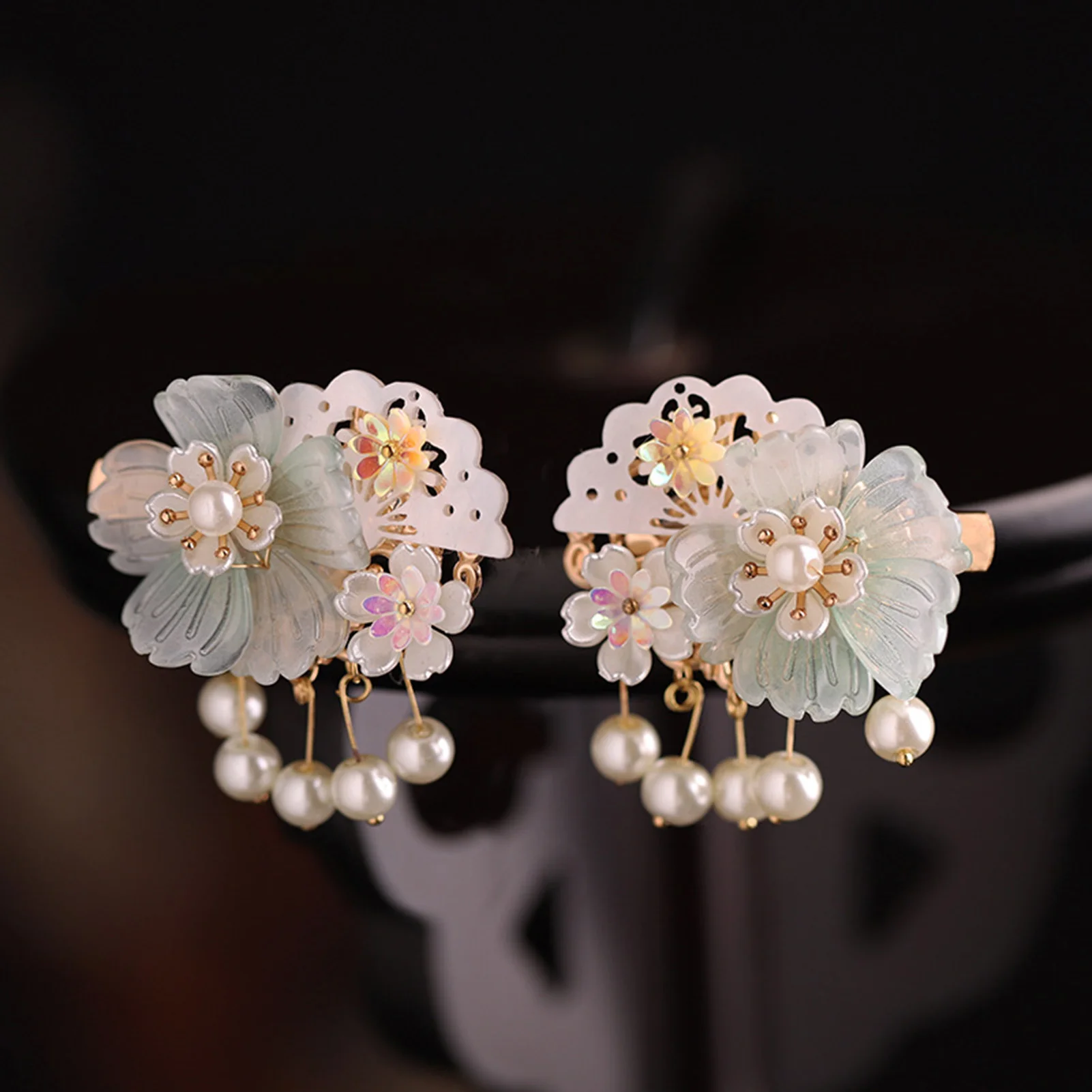 Chinese Style Hair Clips with Pearls Decor Temperament Stable Grip Flowers Headpiece for Thick Curly Hair Styling Decorative B99