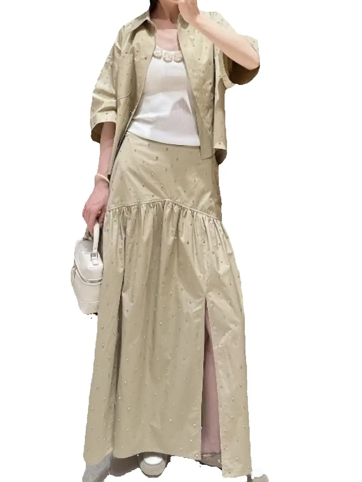 

Spring/Summer Women Turn-down Collar Rivet Short Sleeve Solid Set Single Breasted Shirt + High Waist Loose Casual Maxi Skirt