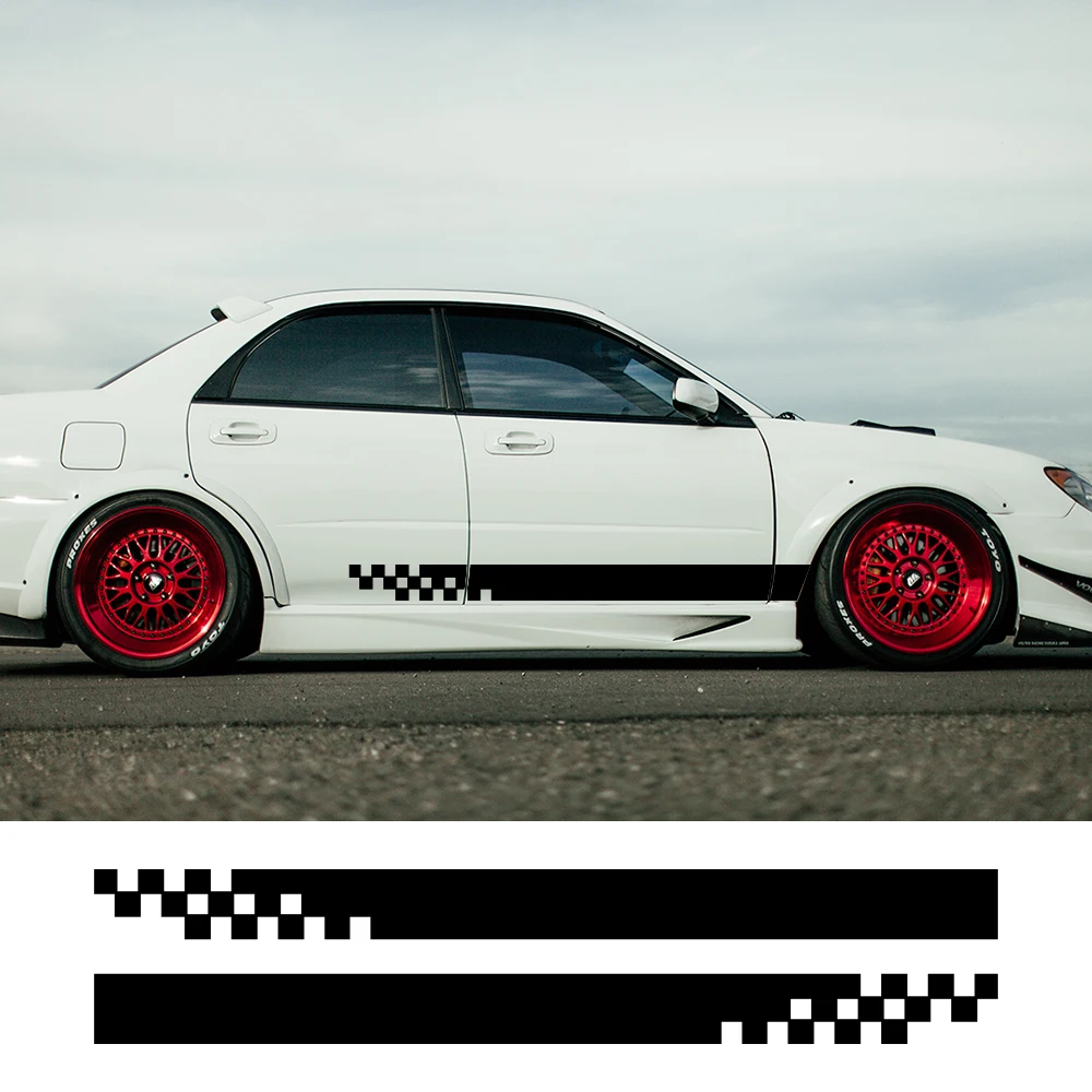 

2PCS Car Side Skirt Stickers Sports Racing Stripes Car Grid Pattern Vinyl Decals Auto Body DIY Decoration Stickers Accessories