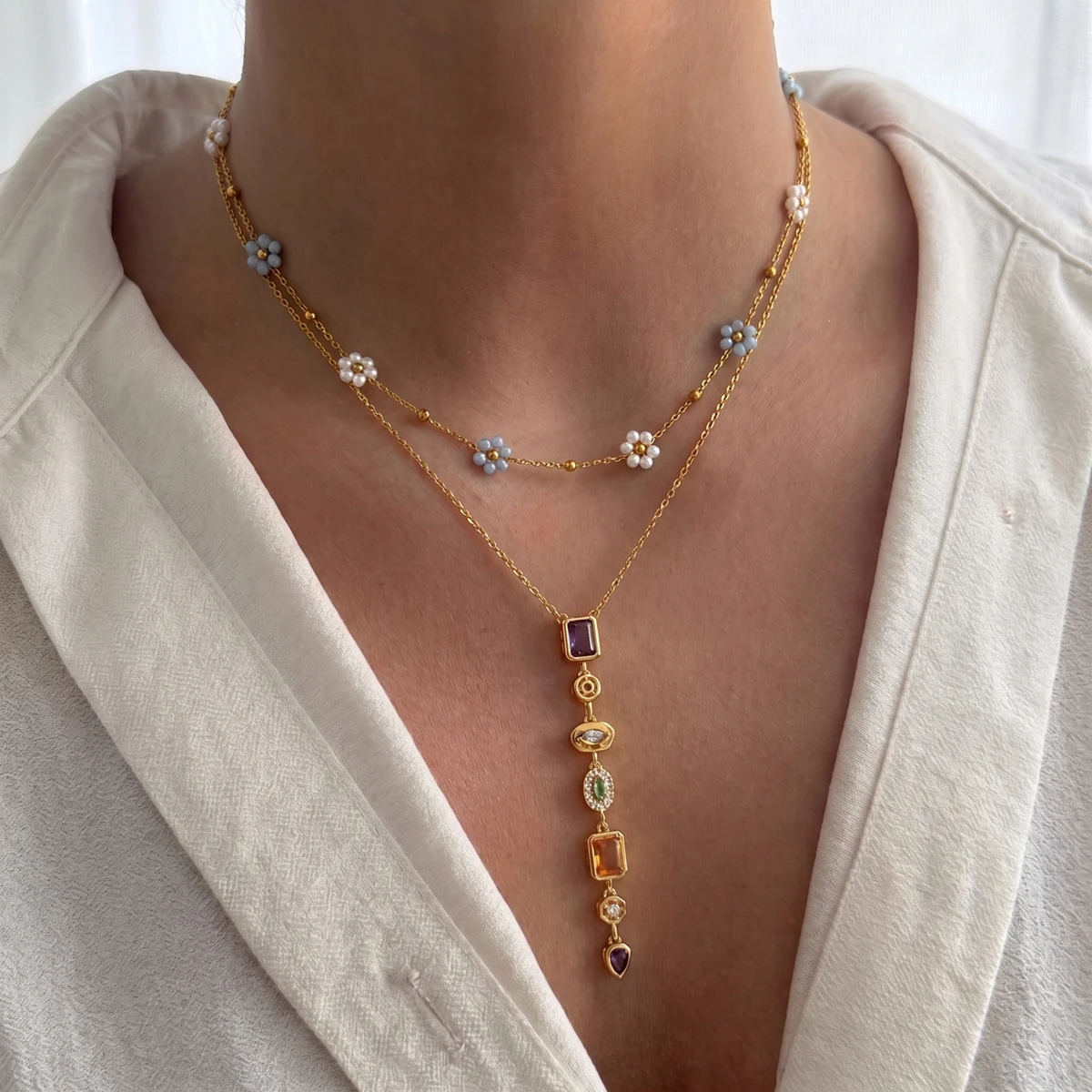 Dainty PVD Gold Plated Stainless Steel Layered Necklace Set for Women Colorful Crystal Tassel Flower Chains Party Jewelry Gift