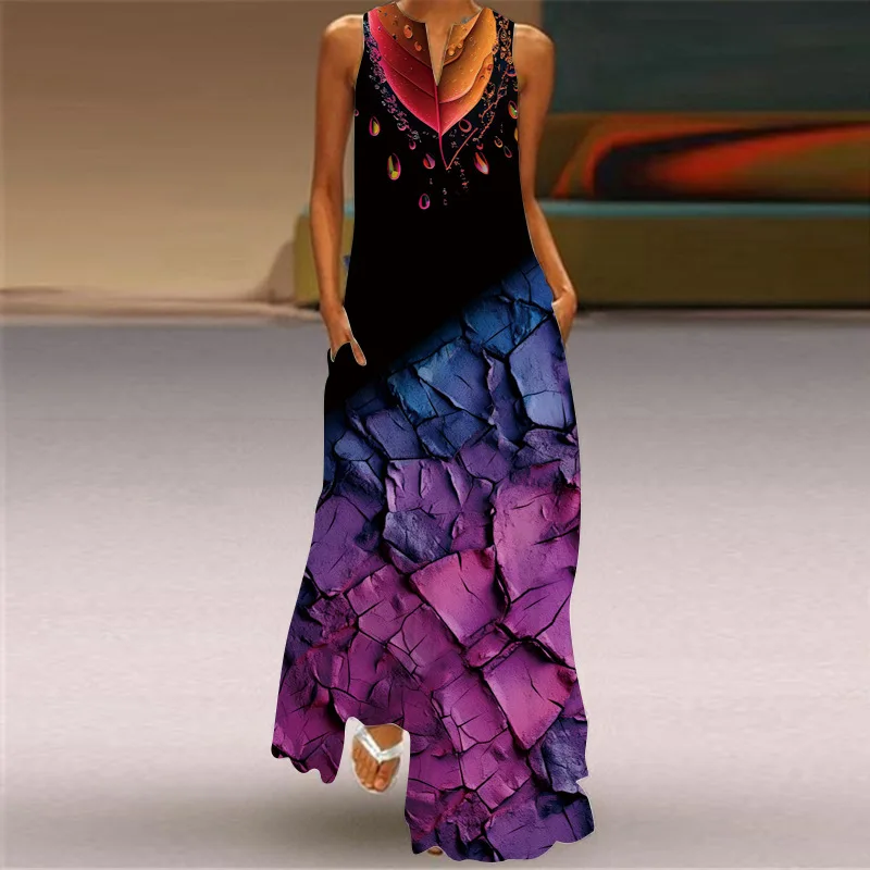 2024 Summer New Retro Personalized Street Print Casual Long Dress V-neck Multi color Long Sexy Casual Sleeveless Dress