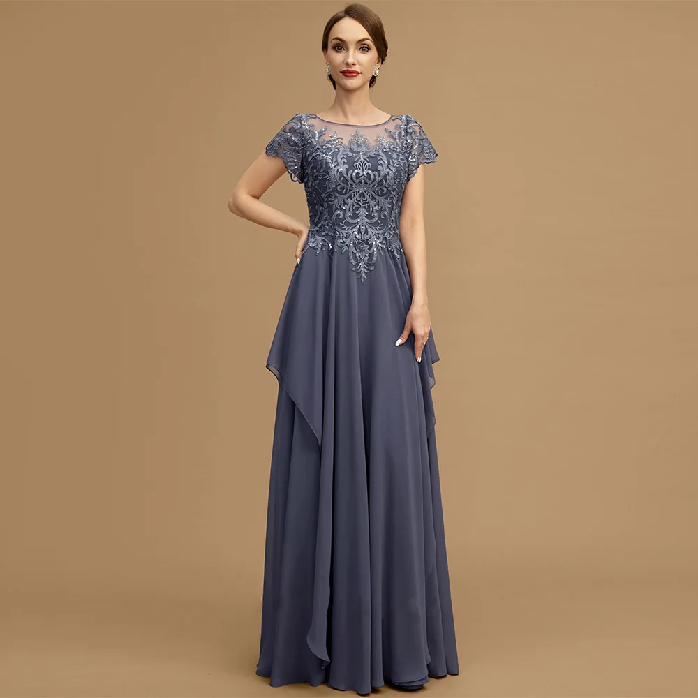 Classic Mother of The Bride Dress Customized Short Sleeves Scoop Sequined Applique Chiffon Evening Dress Wedding Guest Gown image 5
