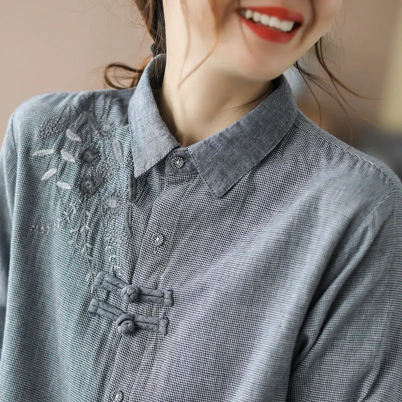 Grey Button Cotton Linen Embroidered Plaid Shirt Top For Women\'s Spring/summer New Long Sleeved Top