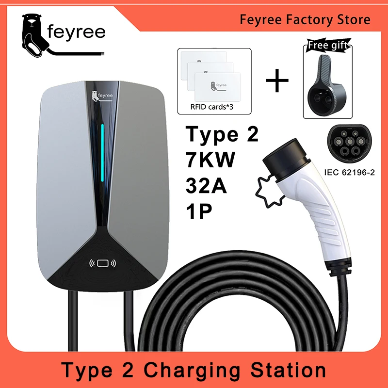 feyree EV Charger Type2 32A 7.6KW 1Phase EVSE Wallbox RFID Cards Version 5m Cable Charging Station for Electric Vehicle Car