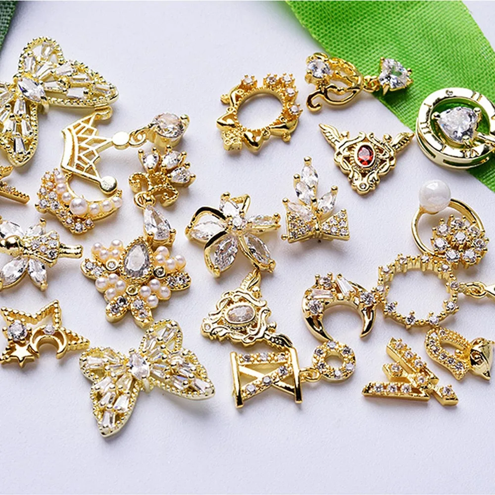 3D Gold Moon Pearl Stars Metal Zircon Diamond Nail Art Jewelry Nail Rhinestones Crystal Pendant Nail Art Decorations