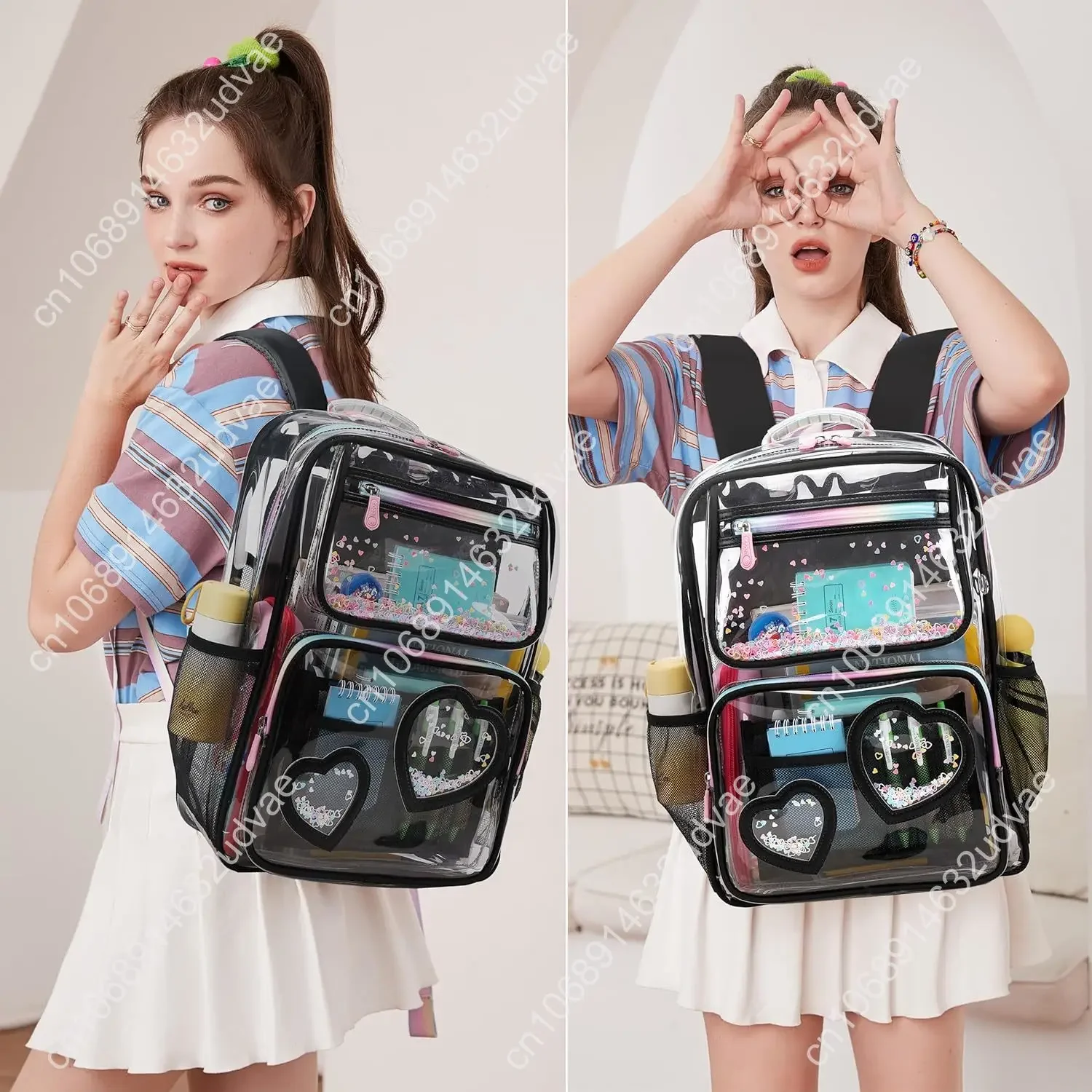 Clear Backpack for Girls Women Transparent Elementary College School Bag Travel Laptop Backpacks Large Bookbags (Black)