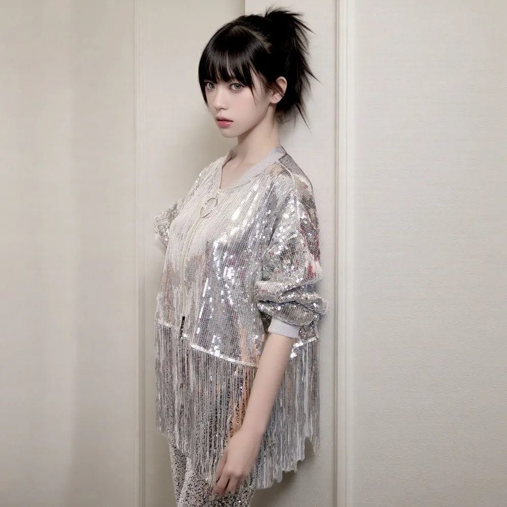 Leistung Kostüm Jazz Bühne Pailletten Quaste Jacke Street Dance Mode Kleidung Frauen Kleidung Mantel Tanz Tragen