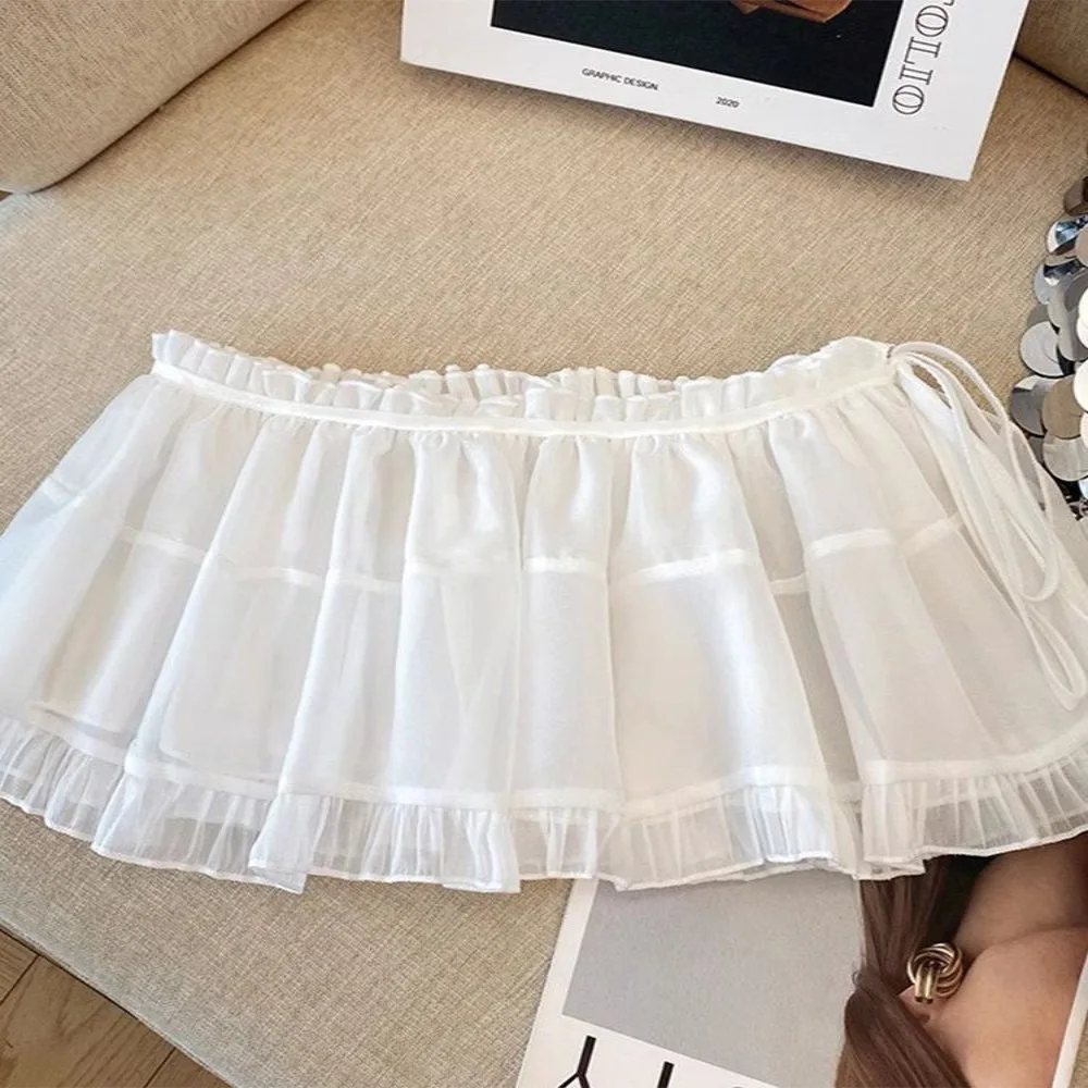 Nowa koreańska spódnica warstwowa z gazy, wysoki stan, jednoczęściowa krótka spódniczka z falbanami, słodka sukienka z tiulu na lato.