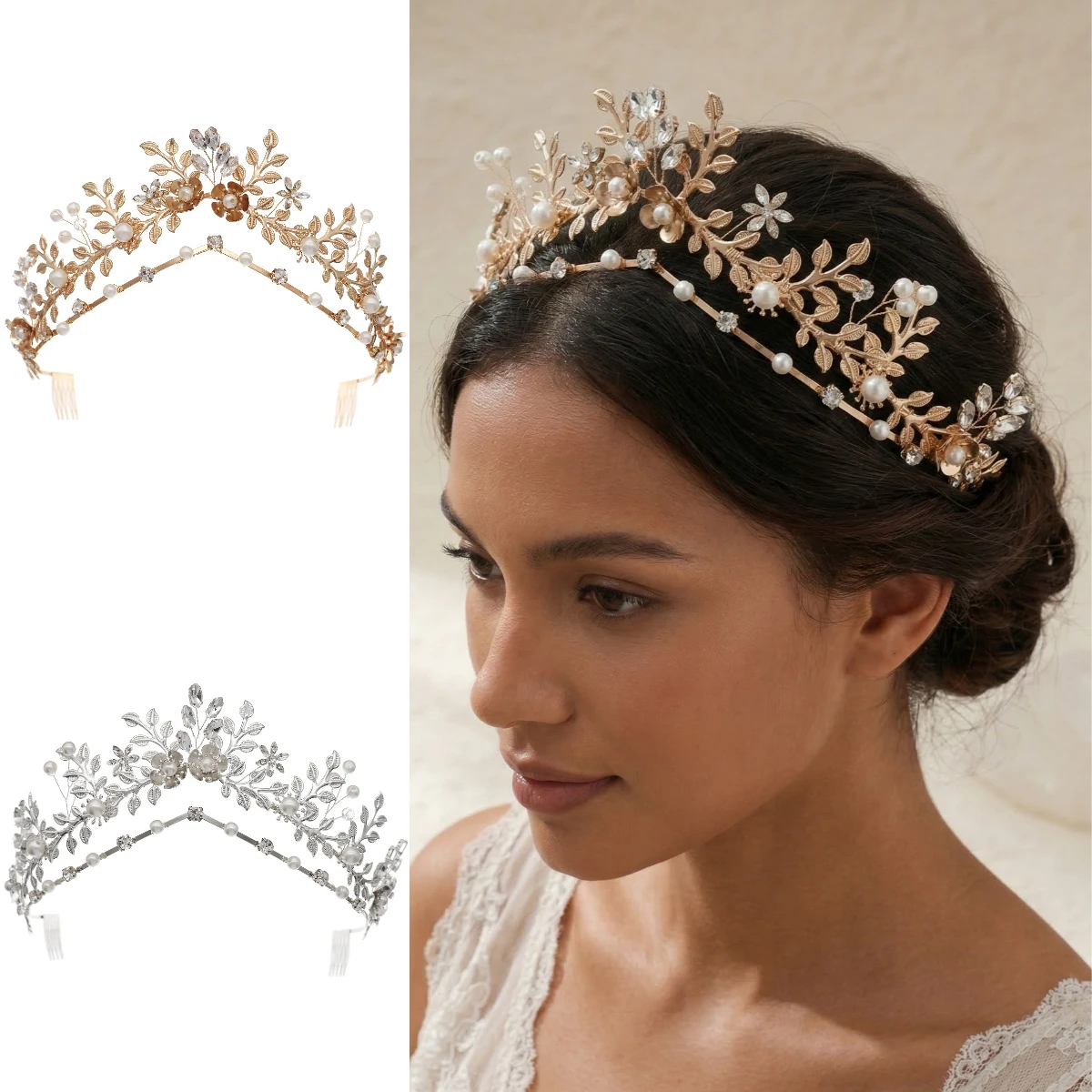 

Leaf Wedding Crown for Bride Pearl Floral Bridal Tiara Vintage Grecian Goddess Headpiece Forest Style Bohemian Hair Accessories