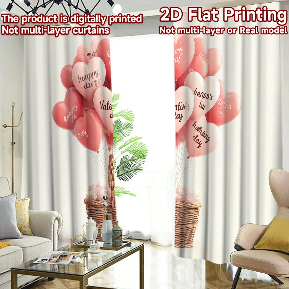2D FLAT PRINTING 2pcs Curtains (Without Rod) Valentine's Day Heart Balloon Minimalist Chic Curtains Prints Light Filtering