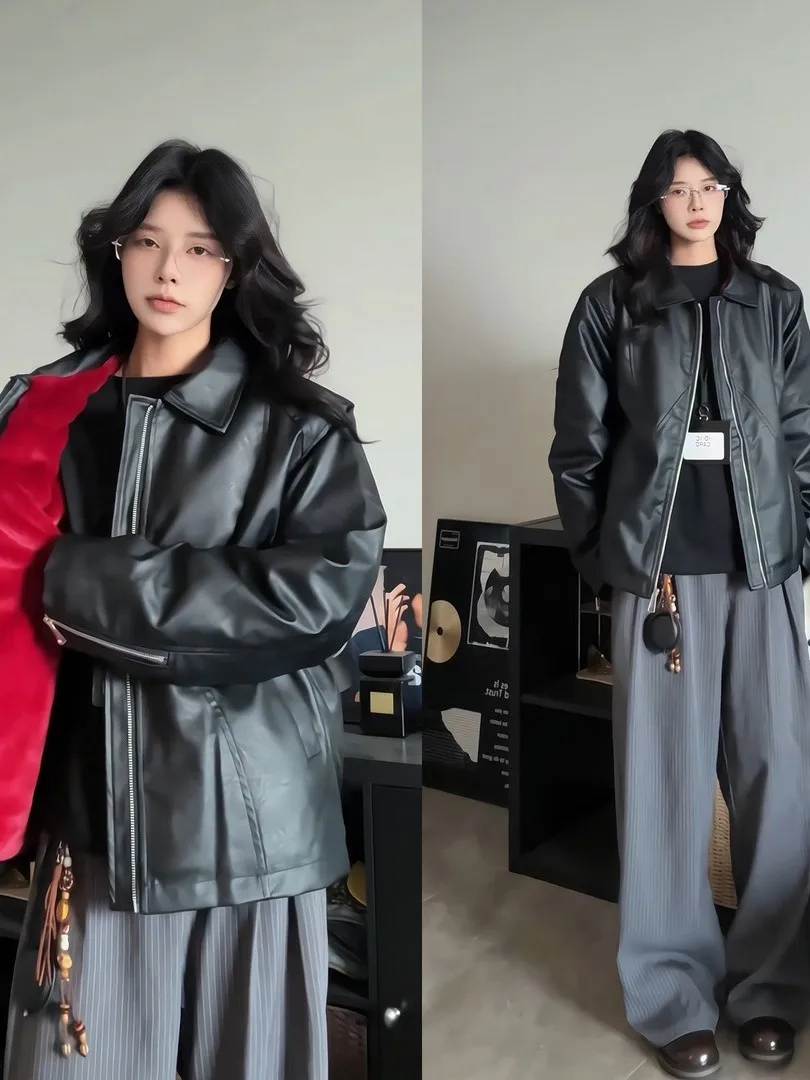 

Warm Fce Lined ort Men's Jaet American Sle Leather Coat Youth Casual Wear Polyester Fiber Fill Winter Outerwear