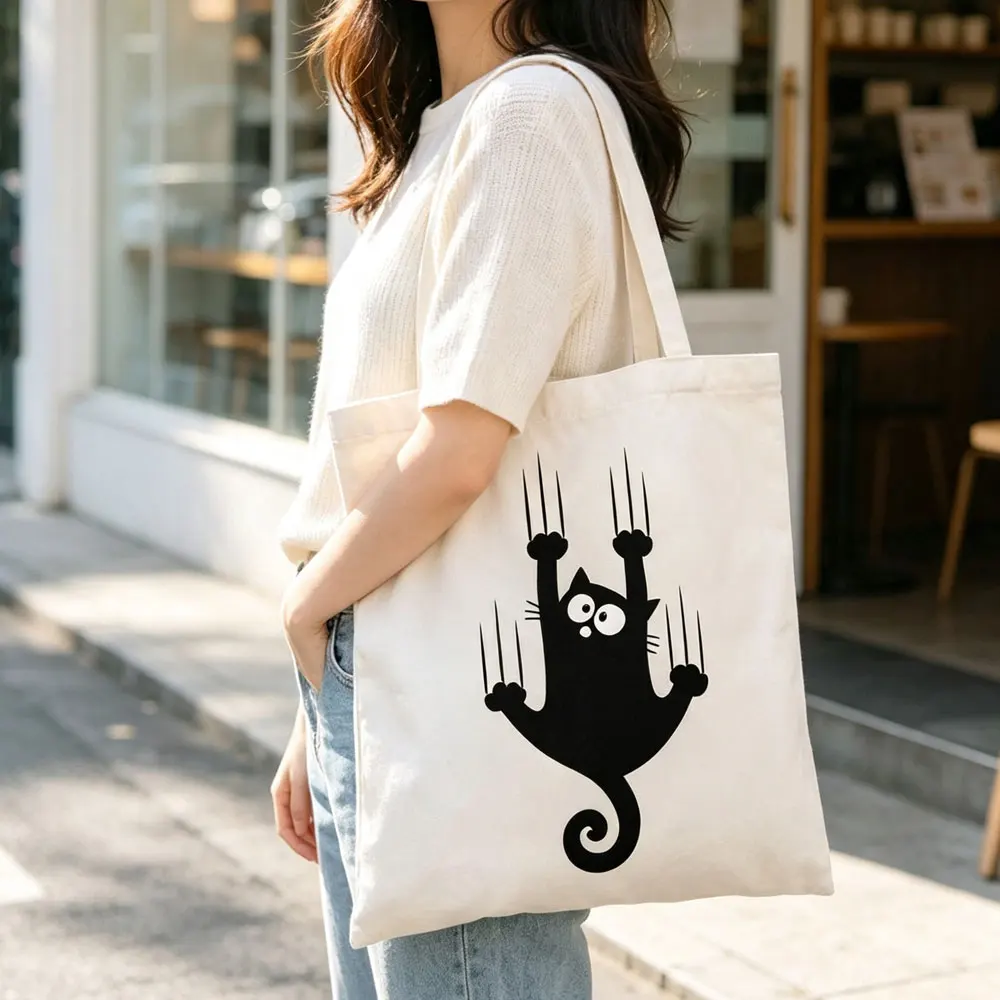 Canvas Tote Bag with Black Cat Paw Print - Cute and Fun Design Suitable for Daily Use, Shopping or Travel - Stylish and Durable Eco-Friendly Handbag for Women and Girls - Perfect Gift Choice - Large Capacity Shoulder Bag
