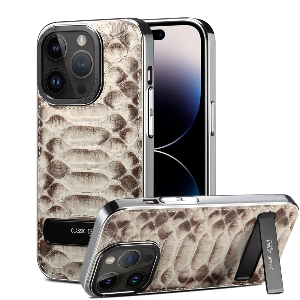 

100% Genuine Python Leather Gloosy Frame Case for iPhone 15 14 Pro Max Real Snakeskin Kickstand Holder Bracket Armor Back Cover