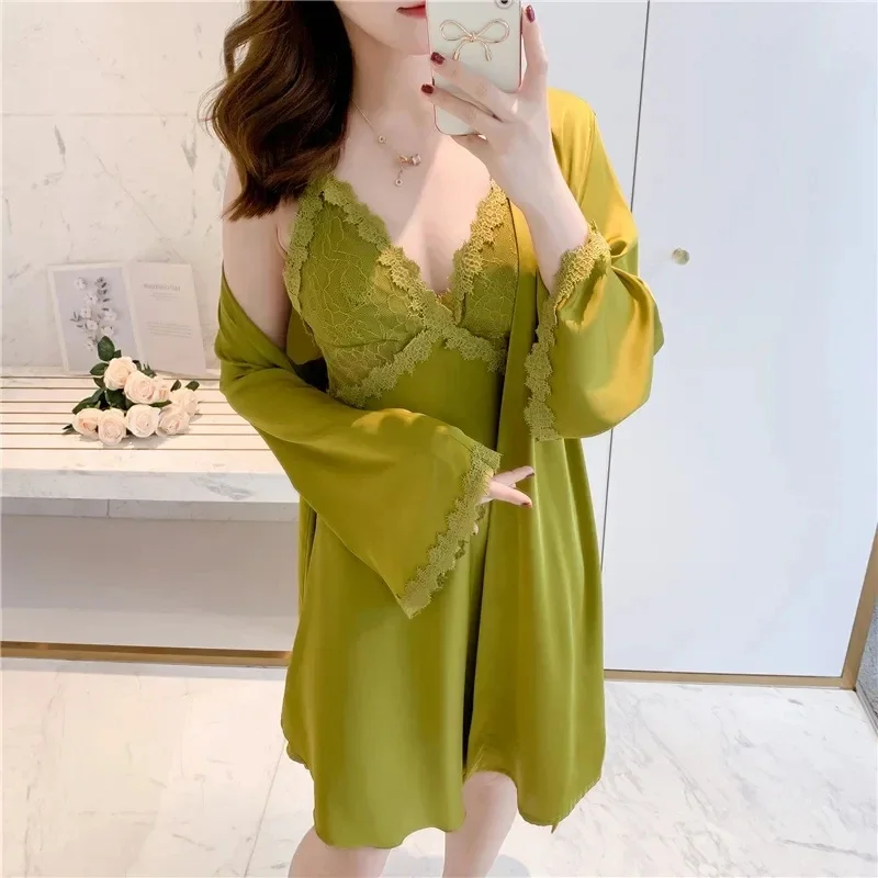 

5502910Sexy ice silk nightdress women's spring and autumn new style with chest pad suspenders pure desire hot pajamas nightgown