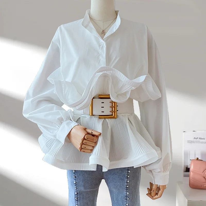 

Long-sleeved Shirt Women's Design Sense Niche Three-dimensional Pleated Lotus Leaf Edge Waist Thin Temperament Versatile Top New