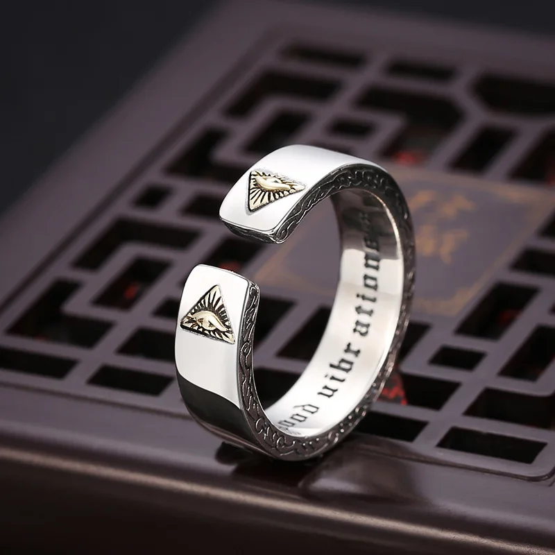 S925 Sterling Silver Trendy Men's Personality Full Vision God's Eye Ring Single Hip Hop Fashion Trendy Man Opening Food Ring