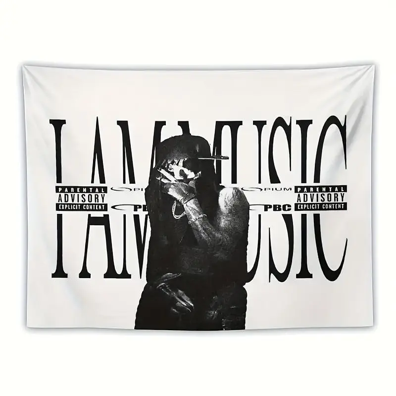 VIKAMA Vintage I AM MUSIC Black White Rap Portrait Retro Tapestry, Urban Wall Hanging for Bedroom Living Room Dorm