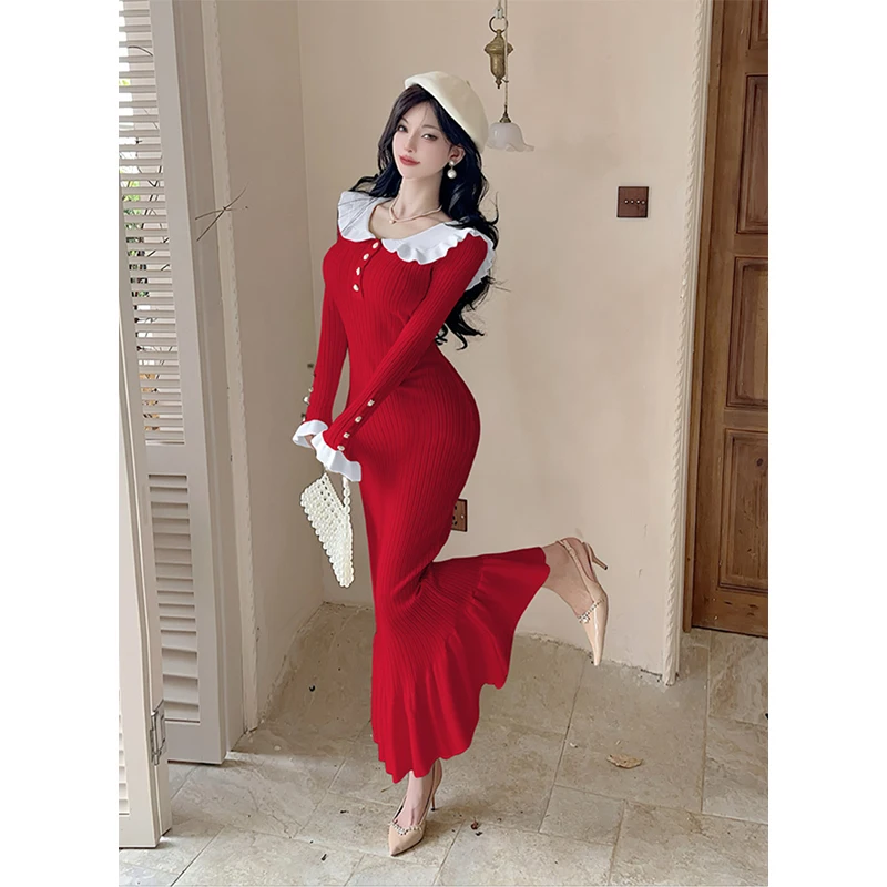 MEXZT Elegant Black Knitted Midi Dress Women Vintage Patchwork Red Mermaid Dresses Winter Korean Bodycon Design Trumpet Vestidos