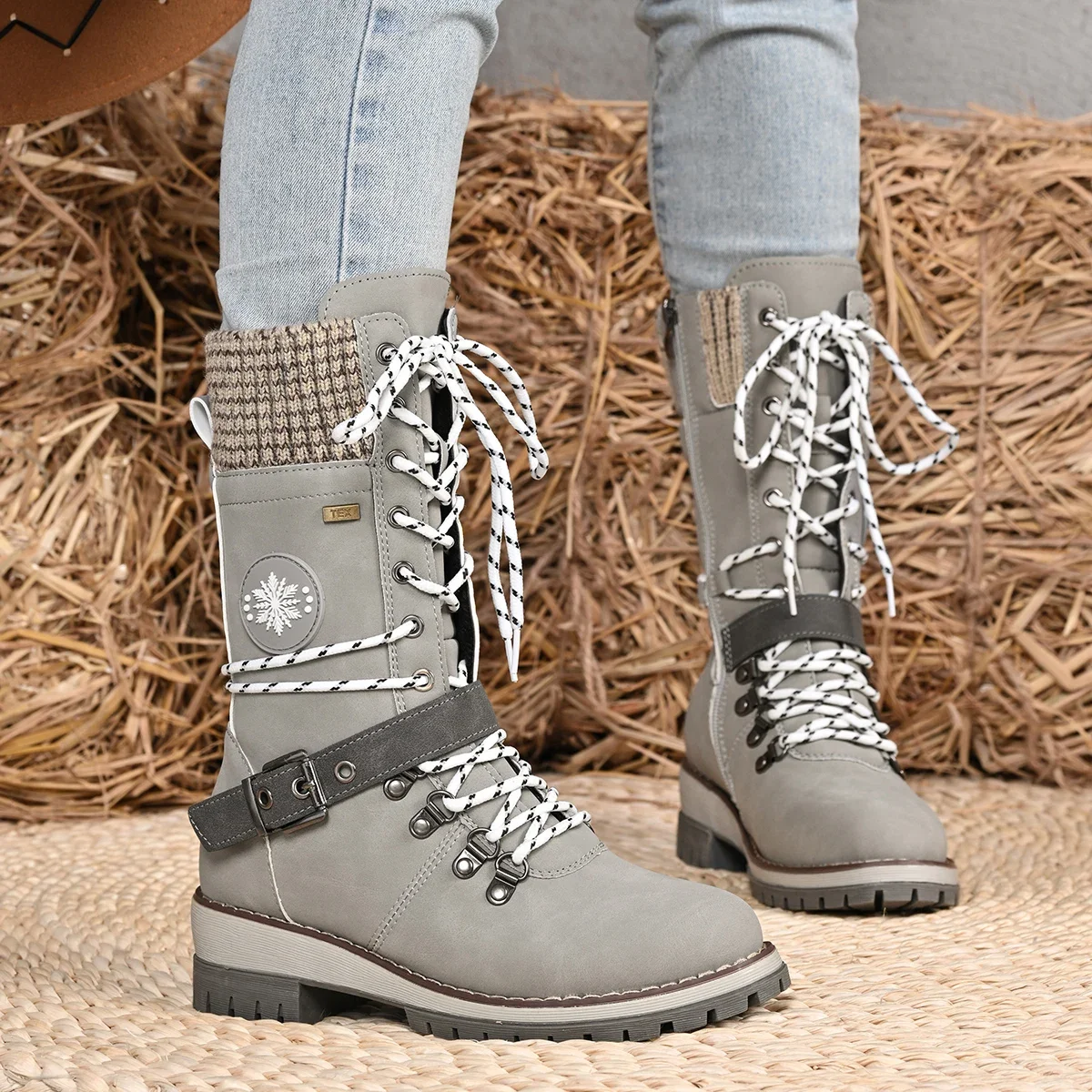 Winter Women Combat Lace-up Snow Boots Chunky Heel Platform Shoes Women High Thick Sole Warm Cotton Boots Zapatos De Mujer