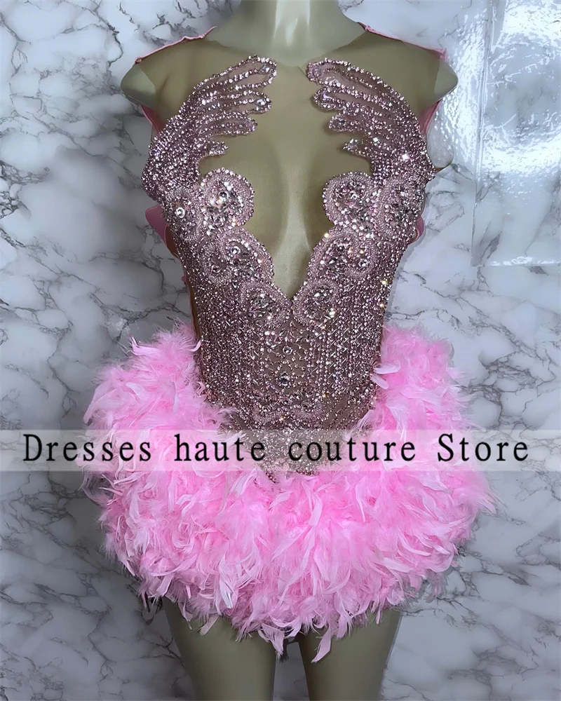 Pink Rhinestones Feathers Short Prom Dress For Black Girl 2024 Beaded Crystal Mini Cocktail Dresses Party Dress Homecoming Dress