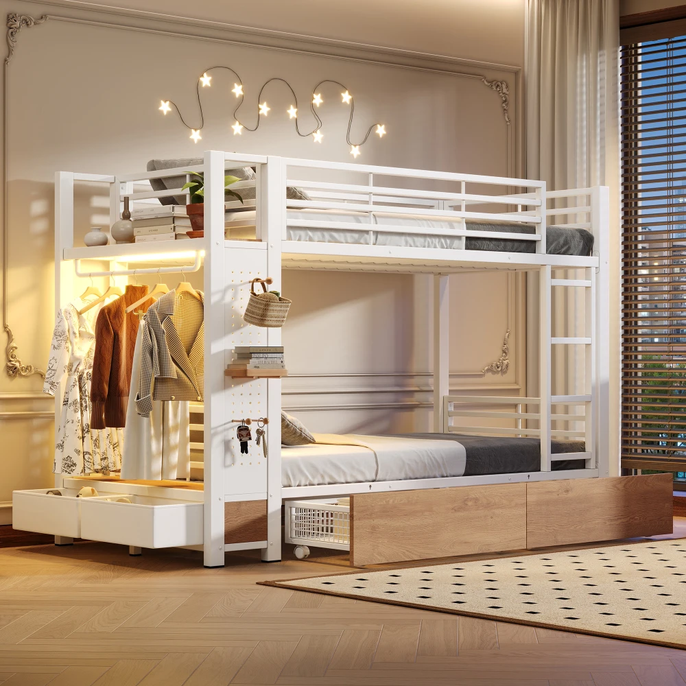 Lit superposé en métal blanc 90x200cm avec 4 tiroirs de rangement, barre lumineuse LED intégrée et armoire intégrée, certifié EN747, cadre de lit pour enfants, sans matelas inclus, meubles de chambre à coucher pour enfants et adolescents, gain de place