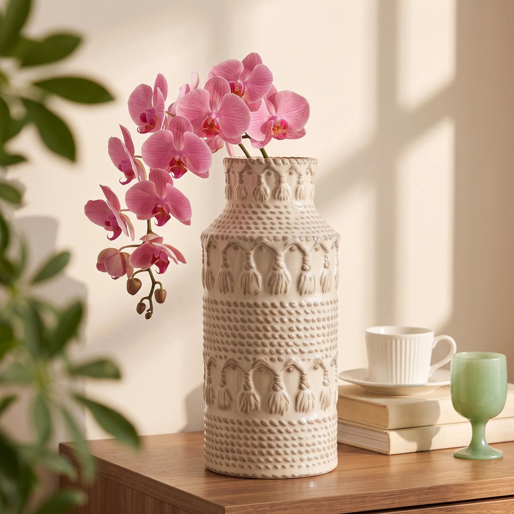 Vintage Embossed Tassel Ceramic Vase Beige Textured Large Flower Vase Rustic Home Decor Tabletop Centerpiece Vase Living Room