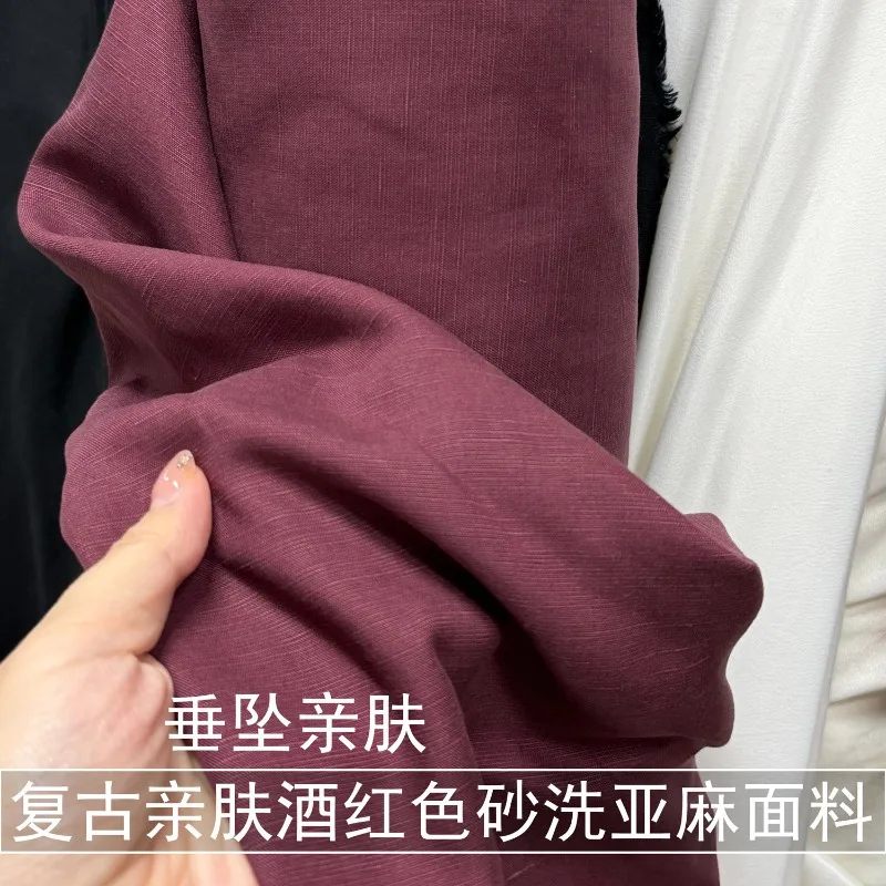 2meters-retro-burgundy-linen-fabric-drape-skin-tight-casual-pants-shirt-slub-cotton-linen-fabric-summer