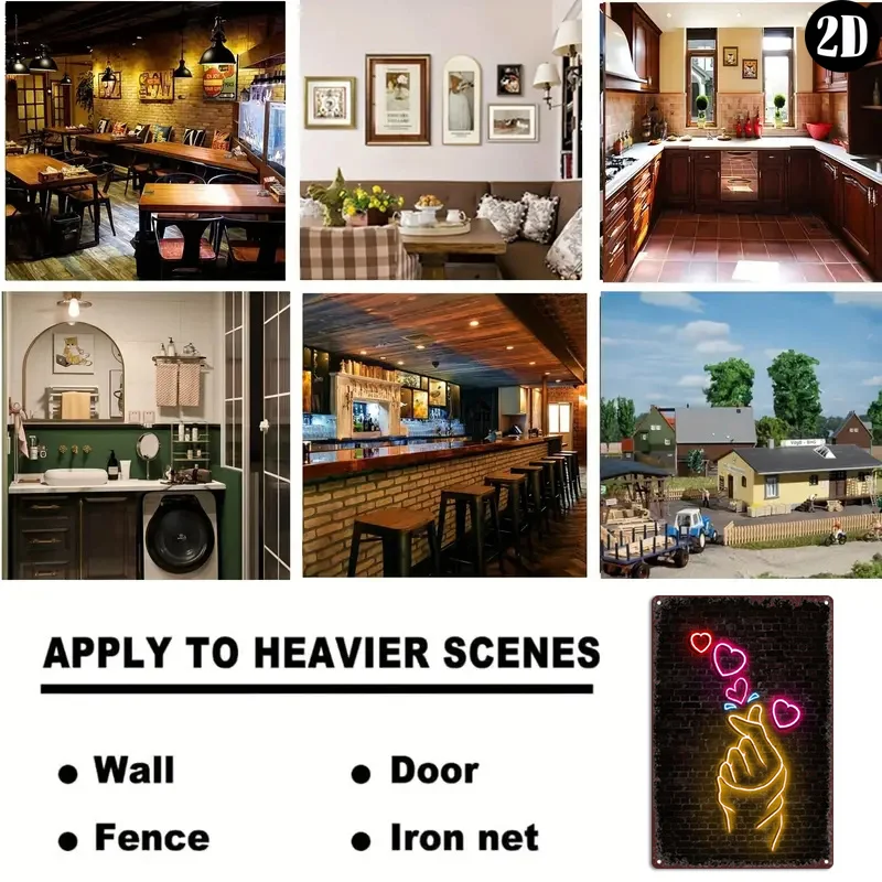 Vintage Metal Tin Sign, Neon‑Style NO LED Lights，Heart Hand Gesture Neon Style Wall Art Decor for Home Office Bar Cafe - view 4