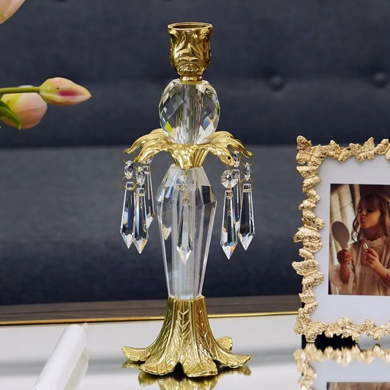 

American Light Luxury Retro Brass Crystal Pendant Candlestick Household Decoration Atmosphere Romantic Candlelight Prop Ornament