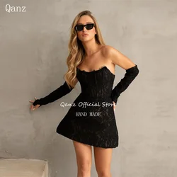 Qanz Modern Prom Dresses Long Sleeves Full Black Lace Coctail Dresses Short Vestidos Gala Con Corset Sexy Party Gown Customized