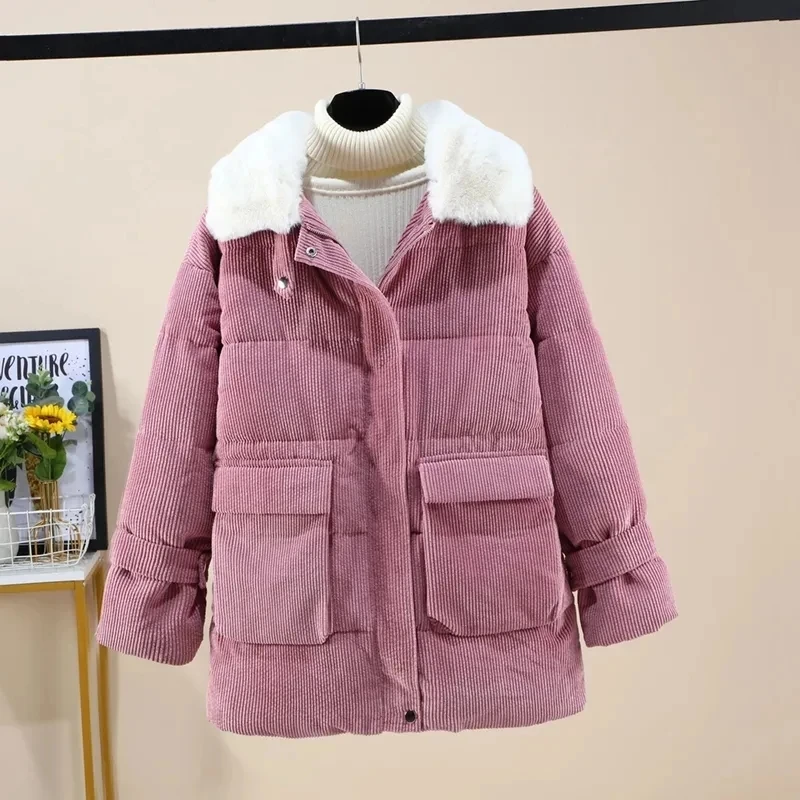 

2024 Autumn Winter New Korean Corduroy Cotton-Padded Jacket Women Parkas Outwear Loose Padded Warm Cotton Padded Coat Ladies Top