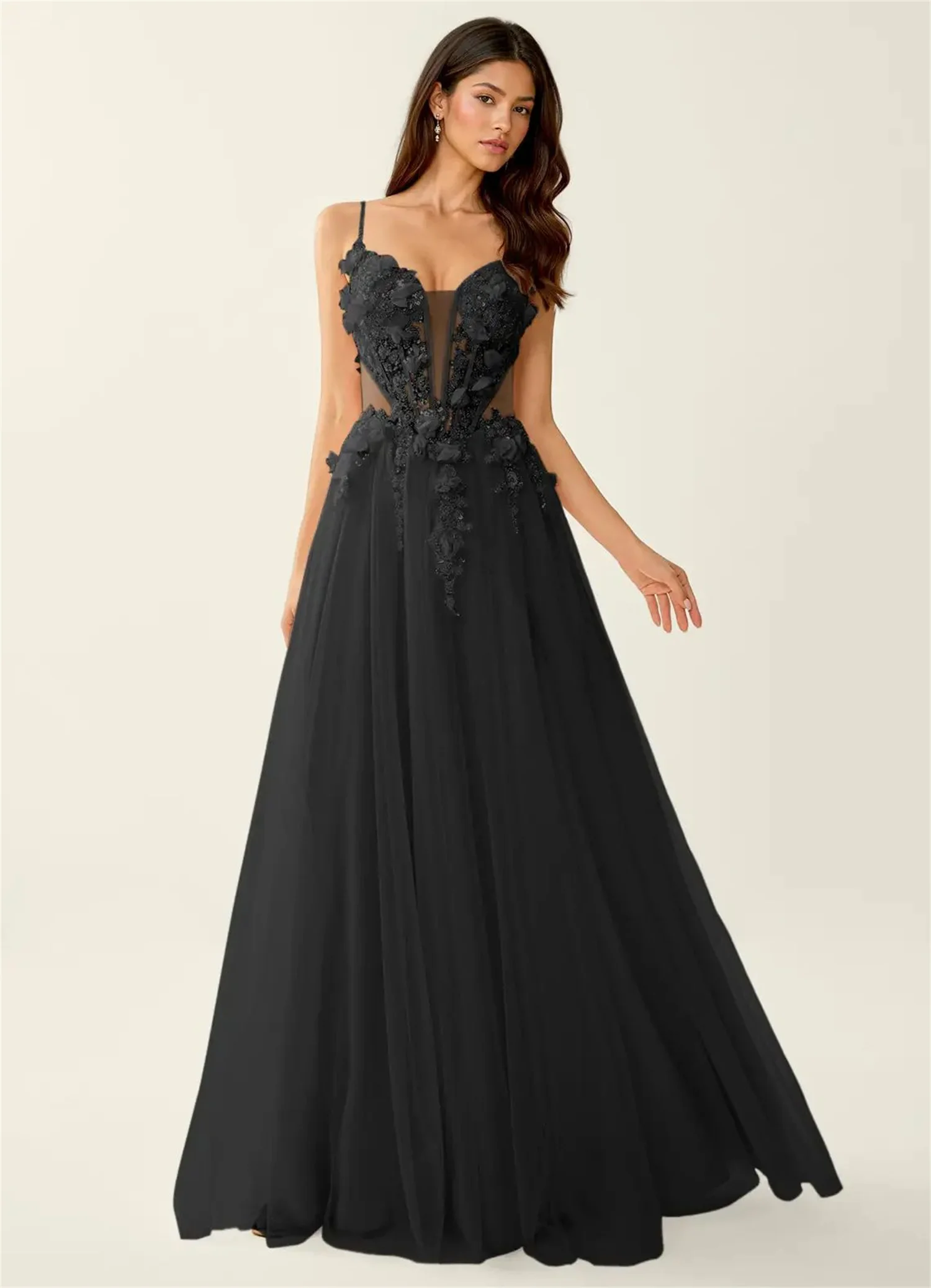 ED Flowers Evening Dress Women Sexy American Style Black Chiffon Formal Events Party Customized New Collection Latest