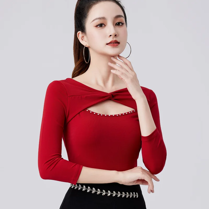 

Modern Dance Latin Practice Solid Color Samba Dance Tops Adult Girls Slim Fit Costume Women's Dance Suit Top Competition T-shirt