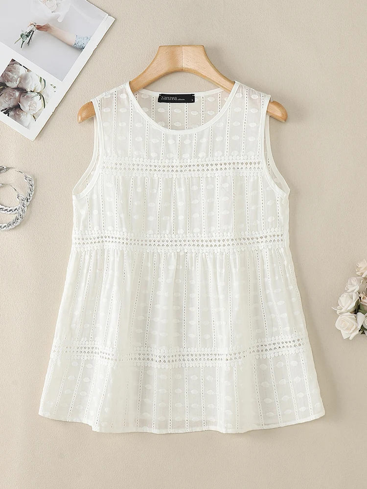 ZANZEA Openwork Embroidered Tiered Blouses Loose Casual 2024 Summer Women Lace Insert Sleeveless Tees O Neck Fashion Tank Tops