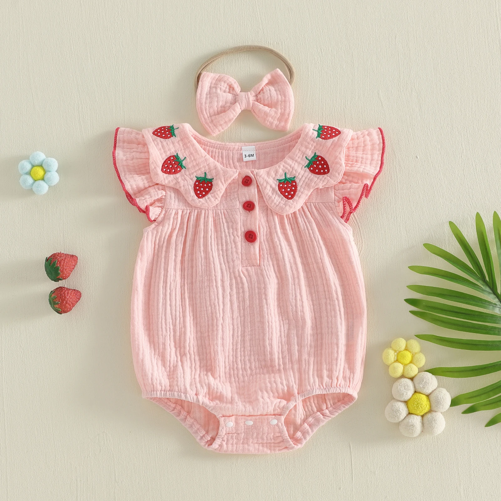 Baby Girls Romper Adorable Strawberry Embroidery Flying Sleeve Round Neck Bodysuits and Headband 2 Piece Outfits