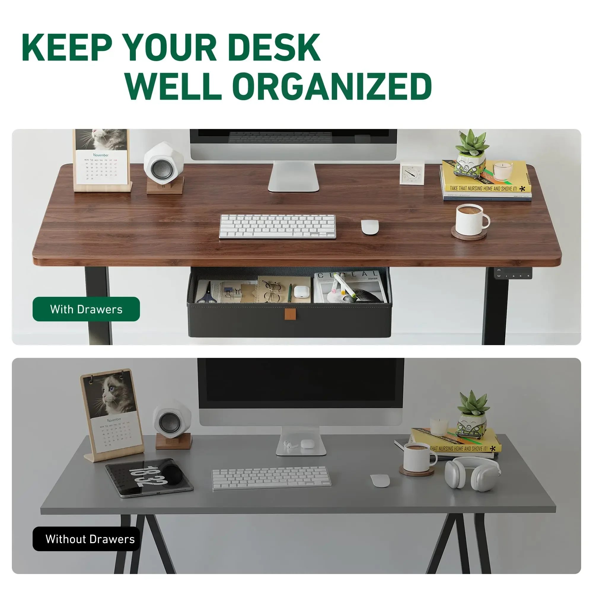 FEZIBO-Mesa em pé com gaveta, altura ajustável, elétrica Stand up Desk, Sit Stand, Home Office Desk, ergonômico, 55x24 em