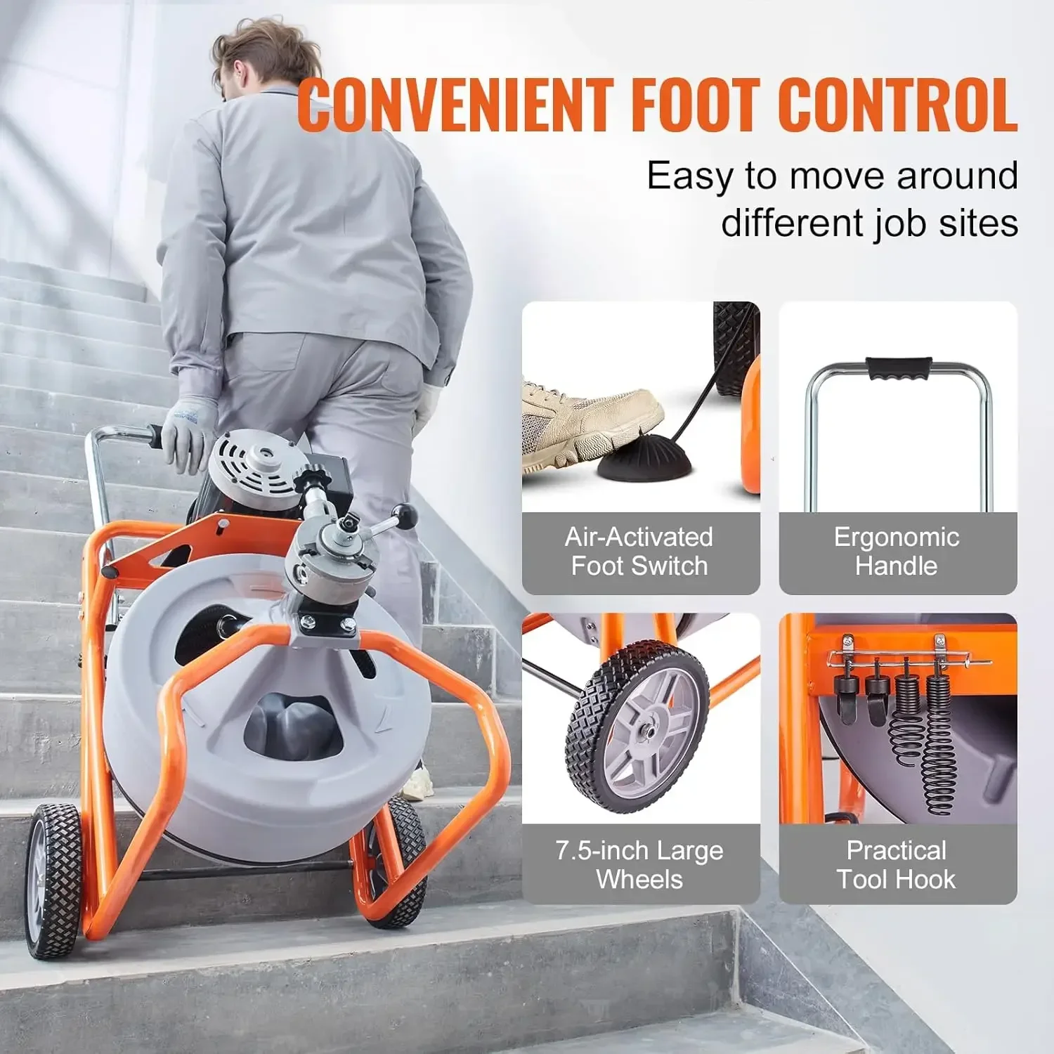 

Choiceness VEVOR Drain Cleaner Machine 75FT X 1/2 Inch, Auto Feed Sewer Snake Drain Auger On Wheels, Portable Drain Cleaning Mac