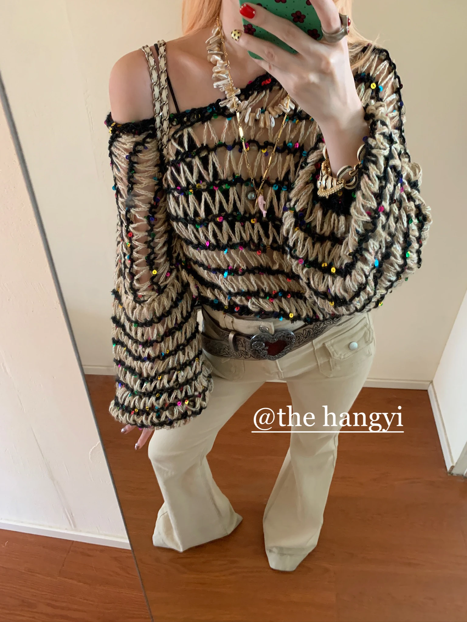 

Sequin Knitted Sweater Hollow out Faion Sle Lazy Faionable Autumn Trendy round Ne Long Sve Thermal Sweater