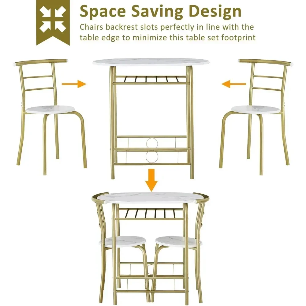 3 Piece Small Round Dining Table Set for Kitchen Breakfast Nook, Wood Grain Tabletop with Wine Storage Rack, Save Space, 31.5