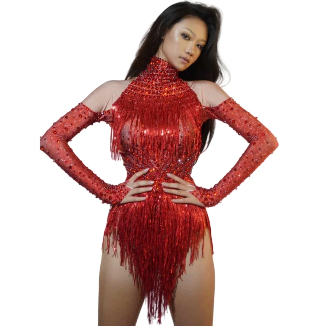 

Red Tassel Dancer Bodysuits Sparkly Night Party Clubwear Women Rhinestone Leotard Sexy Long Sleeve Body Suits Celebrate
