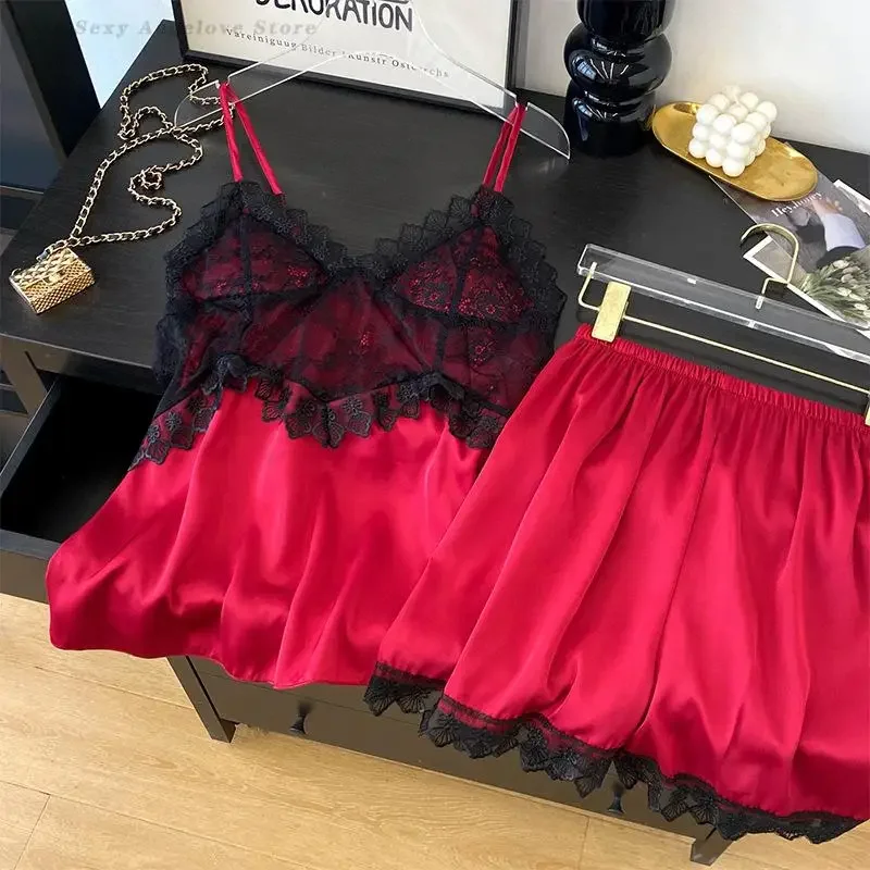 

Sexy Lace Intimate Lingerie Pijama Mujer Women Pajamas Set Chemise Sleepwear Home Clothes Loose Satin Cami&Shorts Loungewear