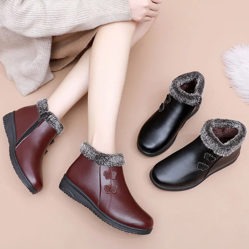 

Retro Soft Leather Plush Boots for Women Shoes Winter Warm Ankle Boot Casual Chic Platform Non-slip Short Boot Bottes Femmes