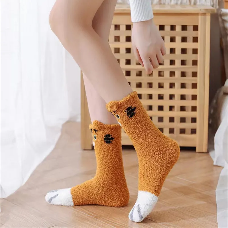 Calcetines de lana de Coral para mujer, medias largas gruesas con diseño de Pata de Gato en 3D, animales de dibujos animados Kawaii, calcetines