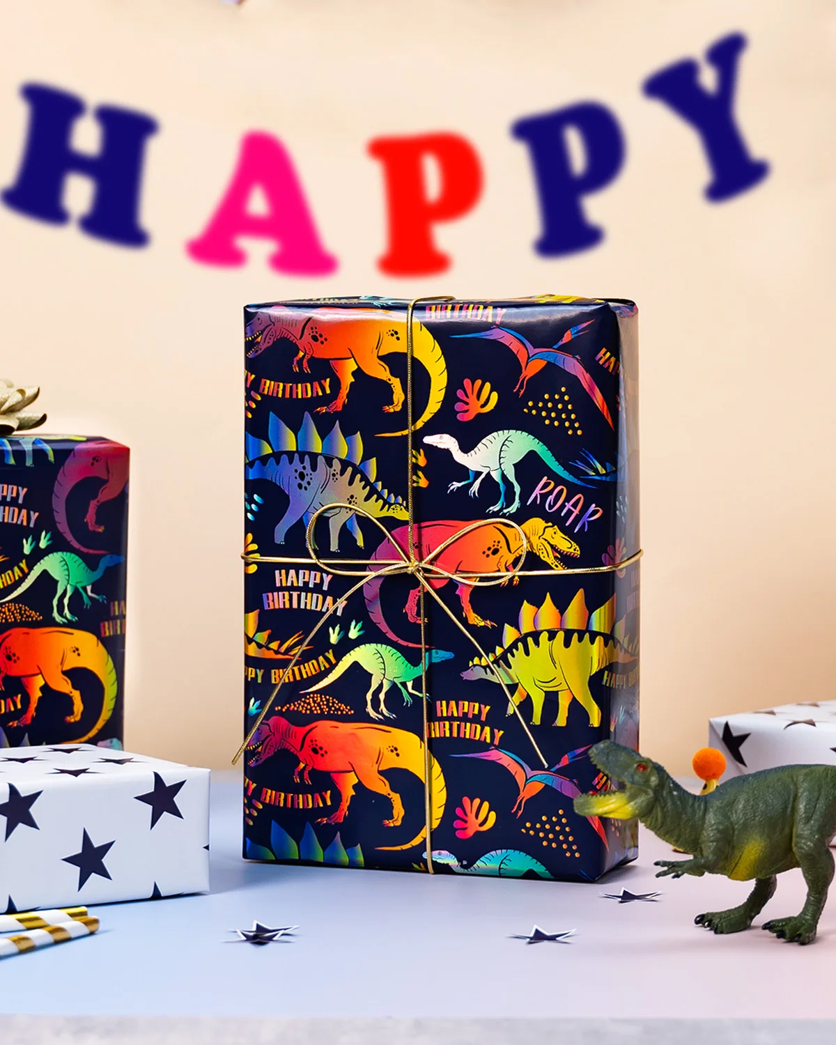 Dinosaur Birthday Wrapping Paper 43cm x 10m - Reversible Blue Stars Gift Wrap Paper Roll for Kids Boys,Baby Shower, Fathers Day view 3