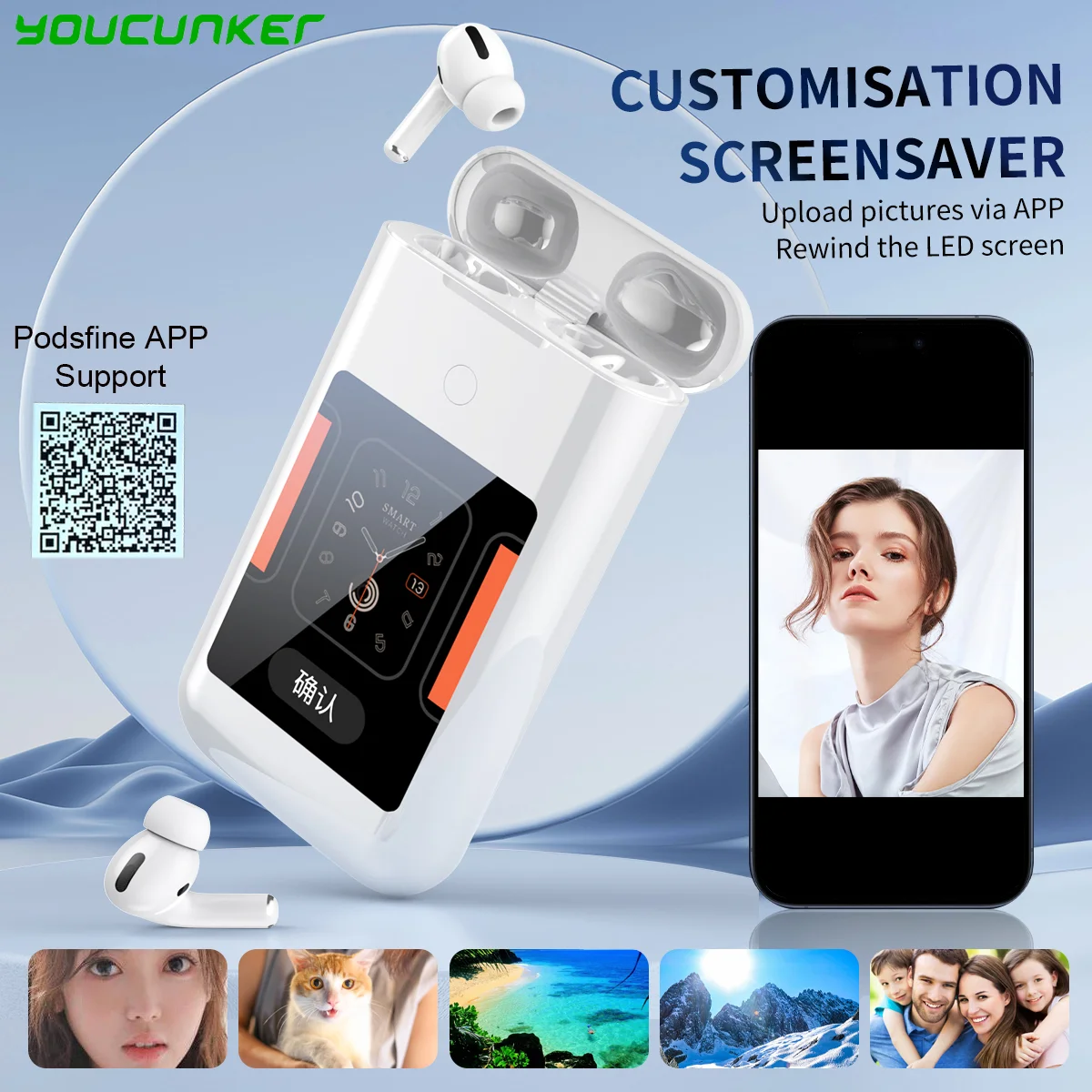 

Wireless Bluetooth 5.2 Earphones 2.8-inch Multimedia Smart Touch Screen ANC Earbuds Flashlight 5000mah Power Bank Hiking Headset