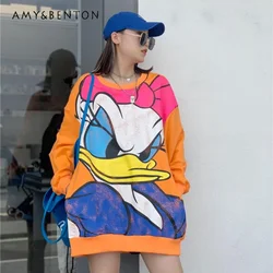 2024 Autumn Winter New Cartoon Printed Pure Cotton Sweatshirt Ladies Oversized Thin Medium And Long Loose Bf Women's Top Hoodies