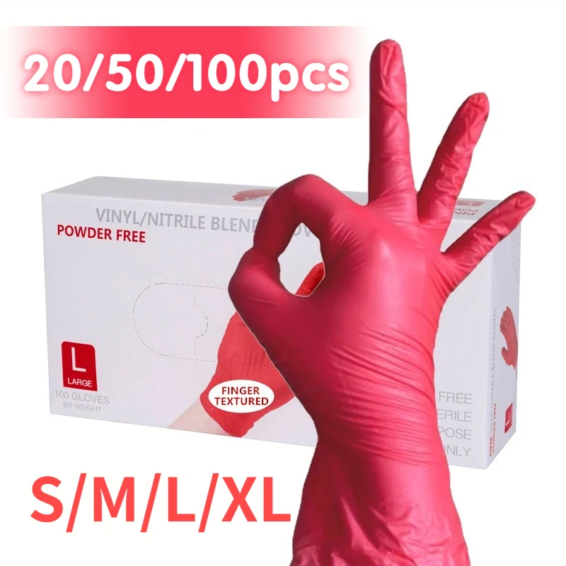 20/50/100PCS Red Nitrile Gloves Household Disposable Waterproof Nitrile Gloves Tattoo Dyeing Hair Washing Dish Cleaning Tools