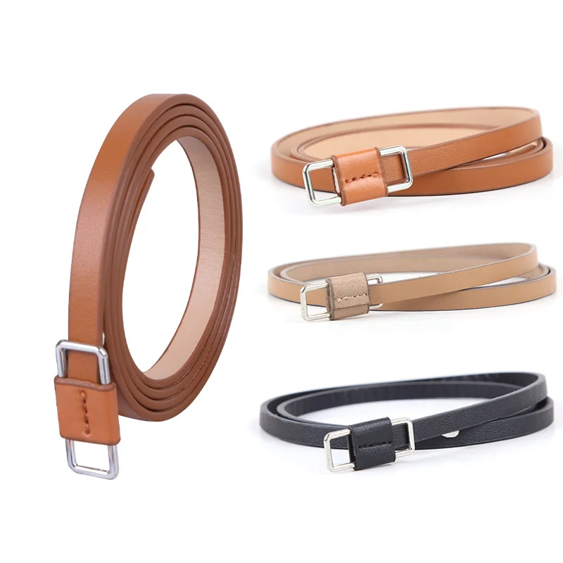 2023 New Ladies Soft PU Leather Belts Girls Silver Buckles Metal Female Retro Thin Belt For Women Jeans 1cm Wide