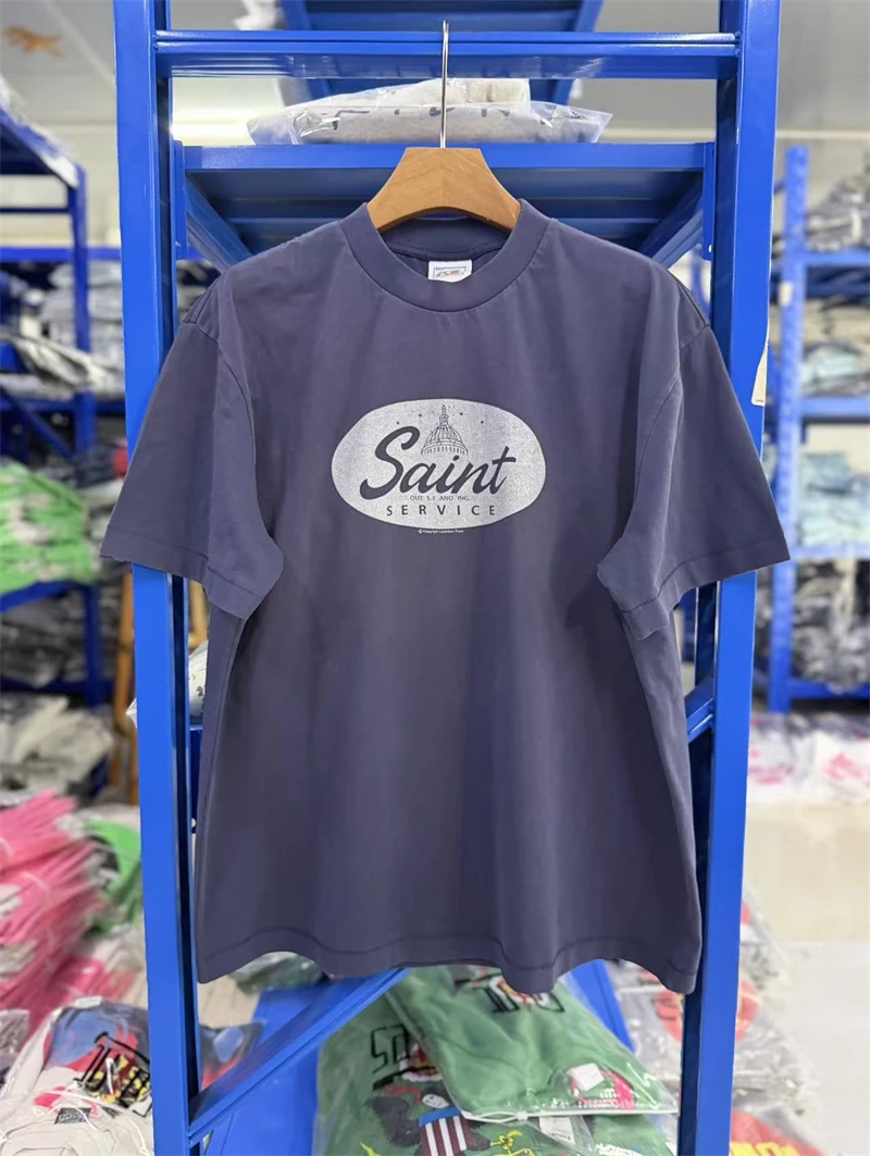 SAINT Mx6 Vintage Letter Pattern Printed Washed Cotton High Street Casual Short Sleeve Loose Comfortable Fashion T-shirt Men
